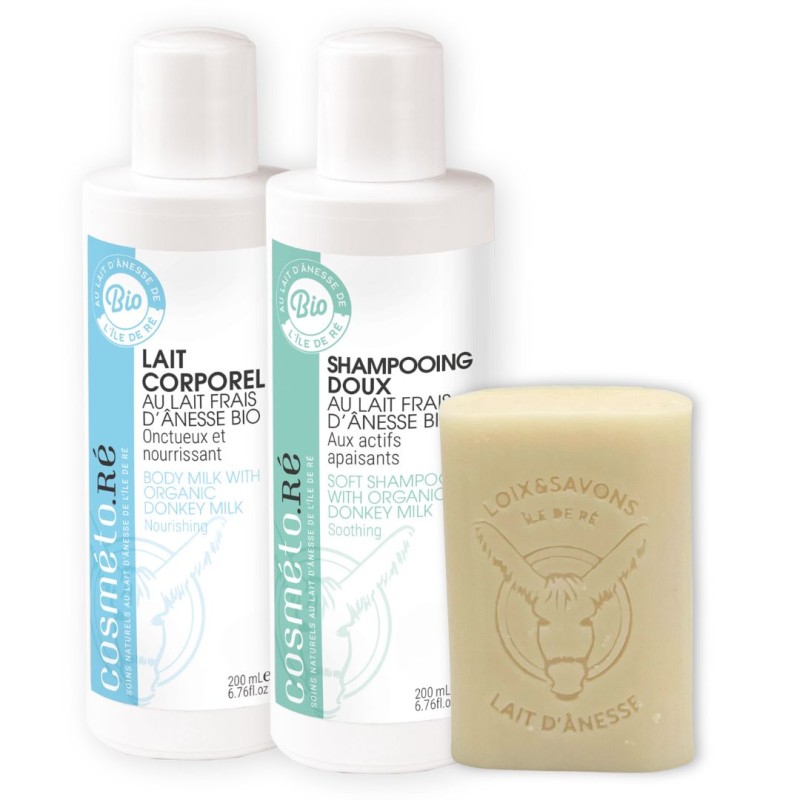 Pack soin shampoing, lait corps, et savon au lait d'anesse
