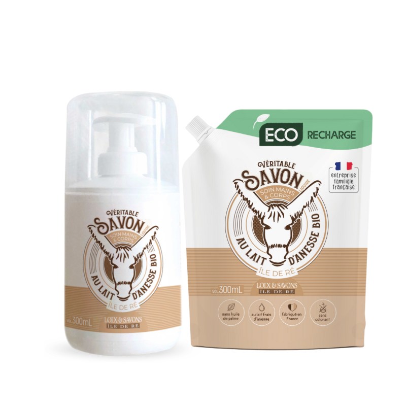Duo savon liquide au lait d’ânesse frais 300 ml + recharge éco