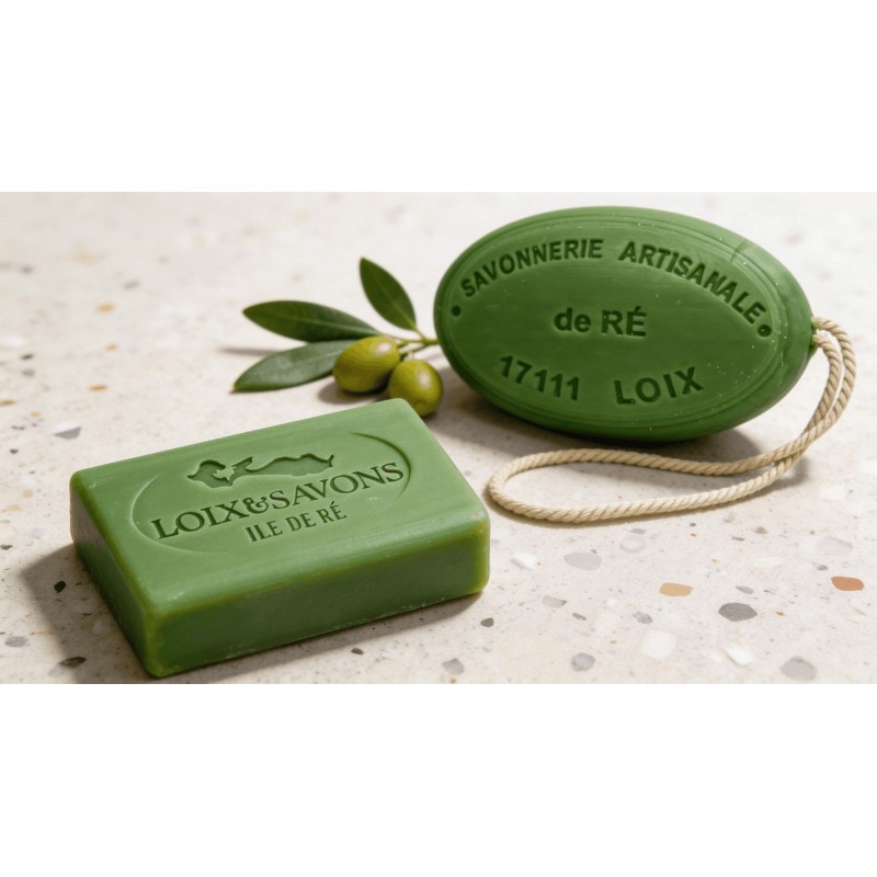Savon artisanal surgras parfum olive 100g et 200g ficelle Loix Savons Ile de Ré