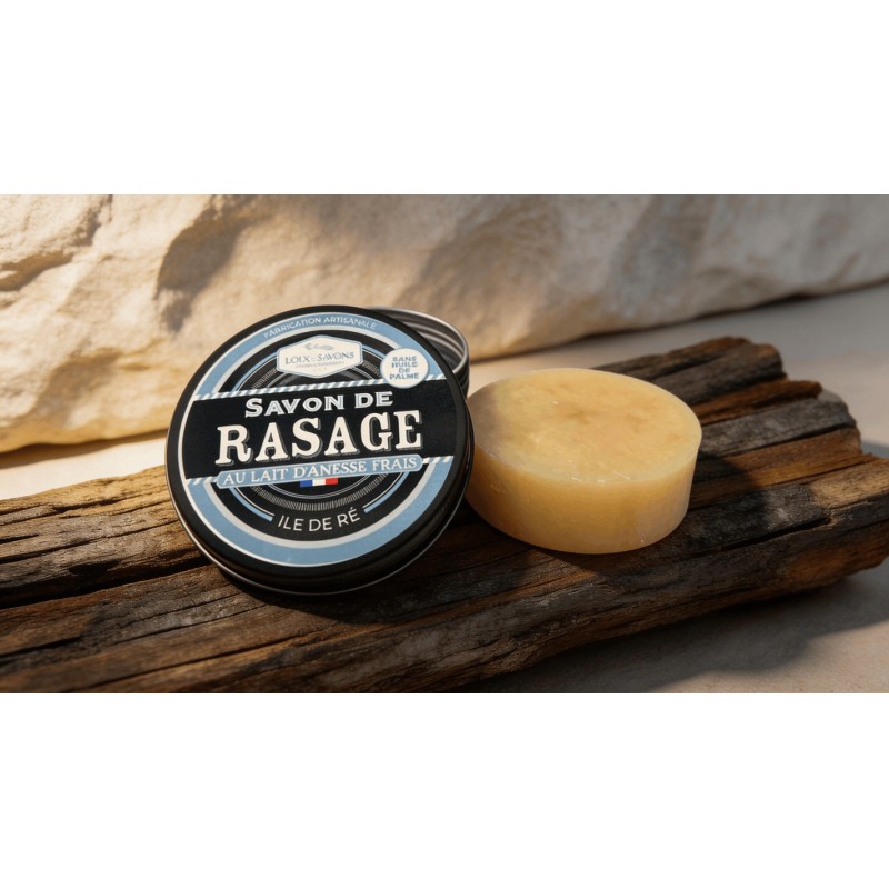 Savon de rasage galet rond lait d anesse boite metal noire bois flotte foncé ile de re