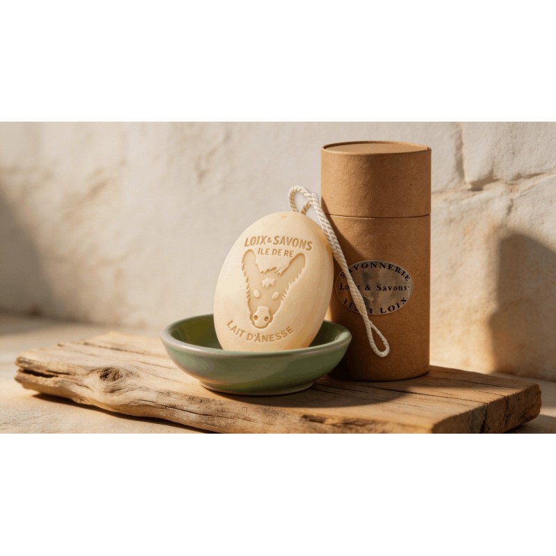 Savon ovale lait d anesse bio etui cylindrique carton kraft bois flotte porte-savon vert sauge