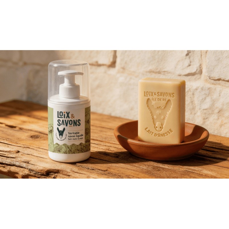Pack savon liquide flacon pompe et savon solide lait d anesse bio bois flotte porte-savon terracotta