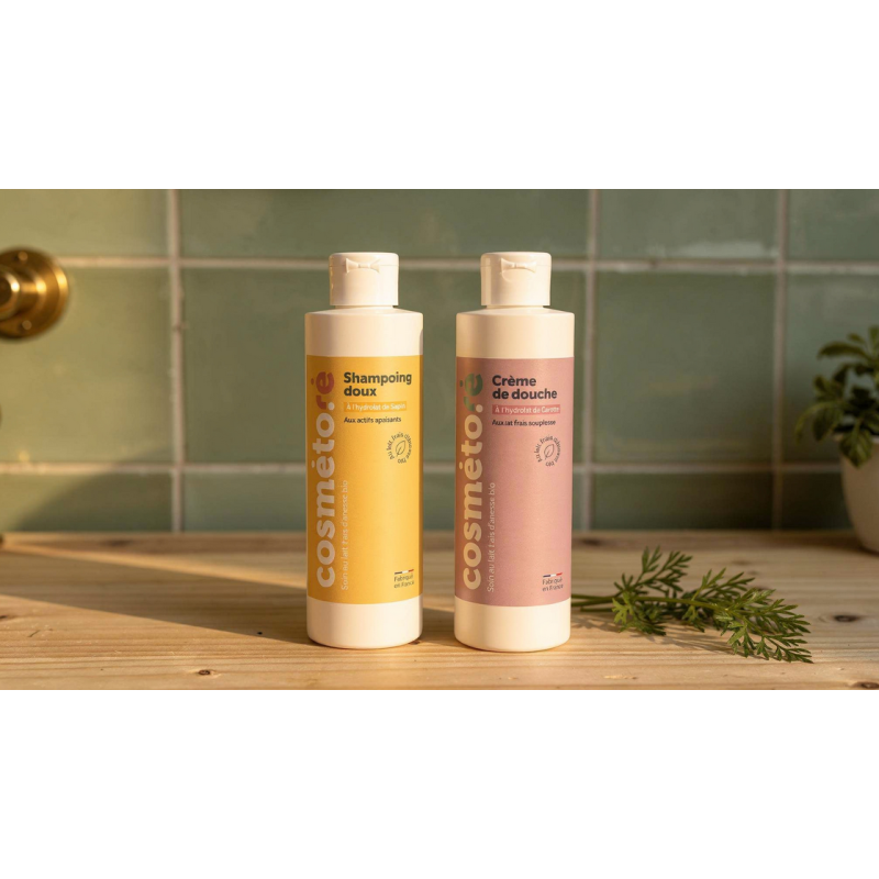 Duo crème de douche et shampoing au lait d'ânesse sur bois flotte