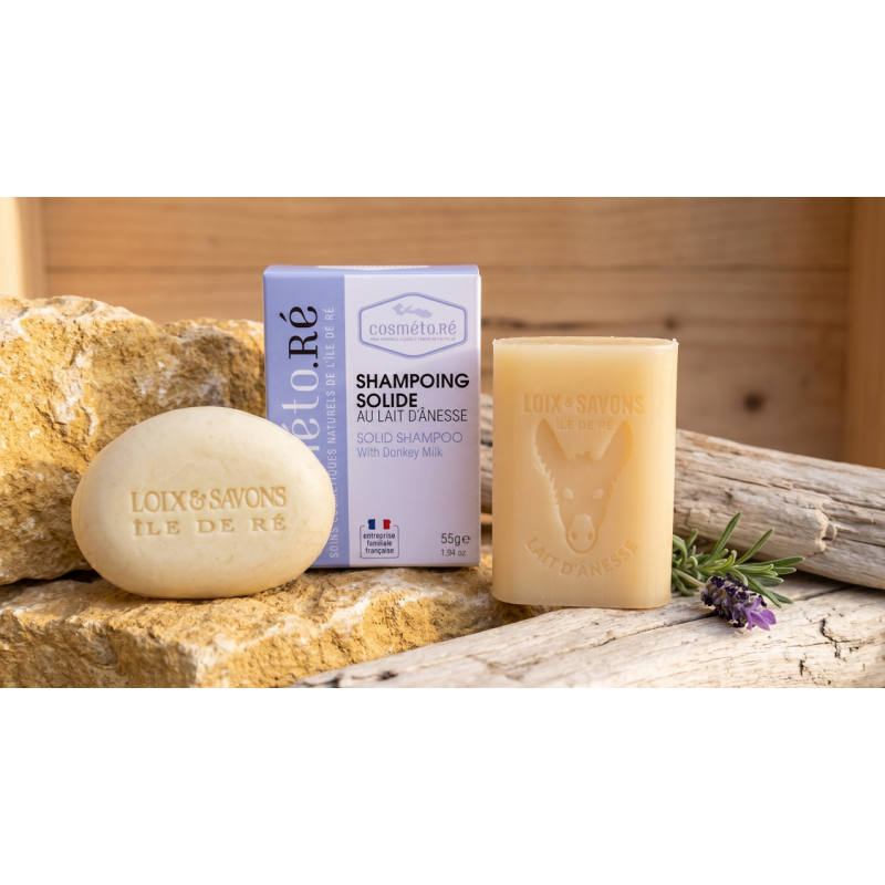 galet de shampoing solide en boite bleu lavande et savon au lait d anesse sur bois flotte