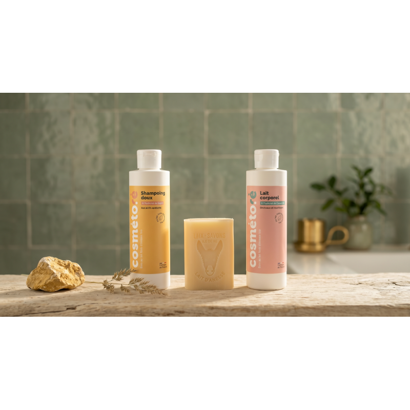 pack soin complet au lait d anesse shampoing savon et lait corporel sur bois flotte