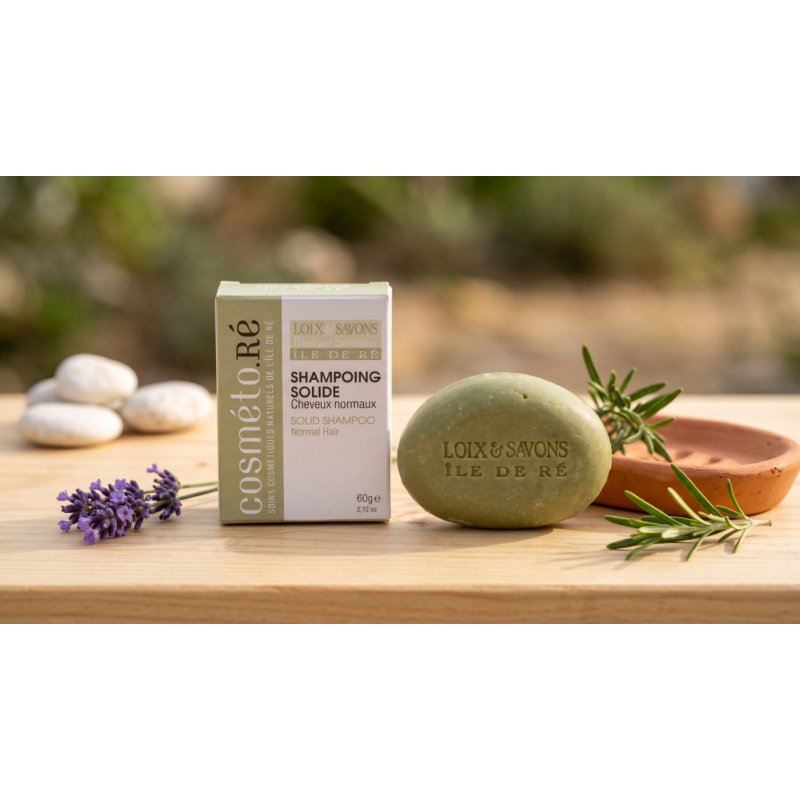 shampoing solide cheveux normaux galet vert et boite sur bois ile de re