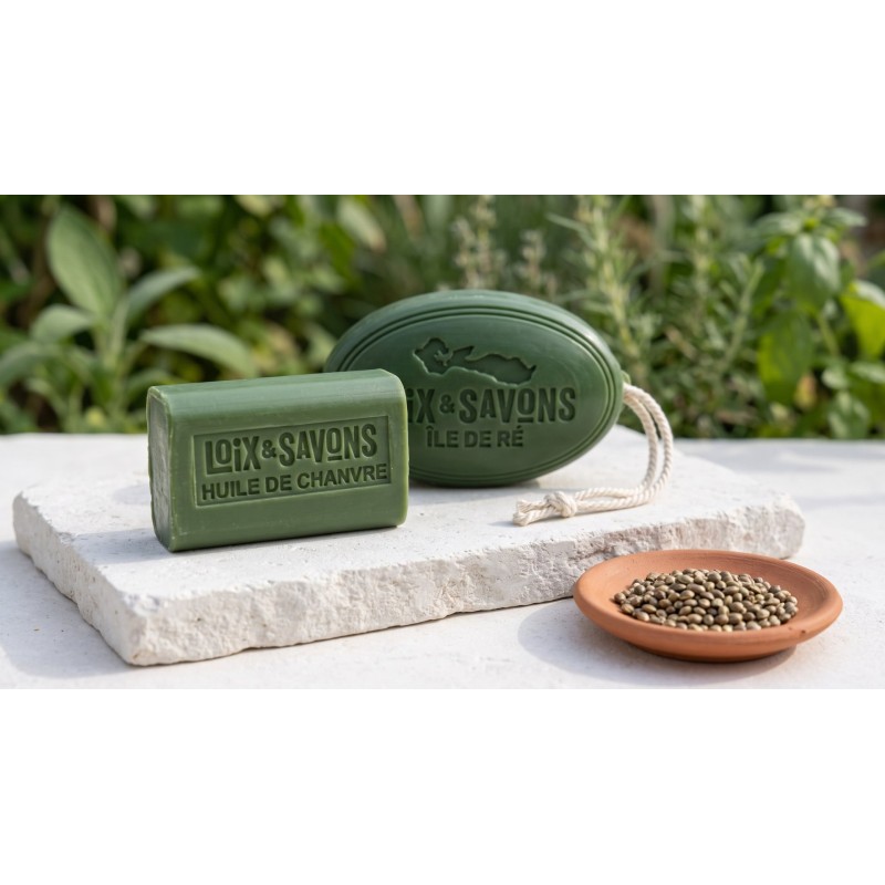 savon artisanal a l huile de chanvre 100 g et 200 g ficelle sur pierre calcaire