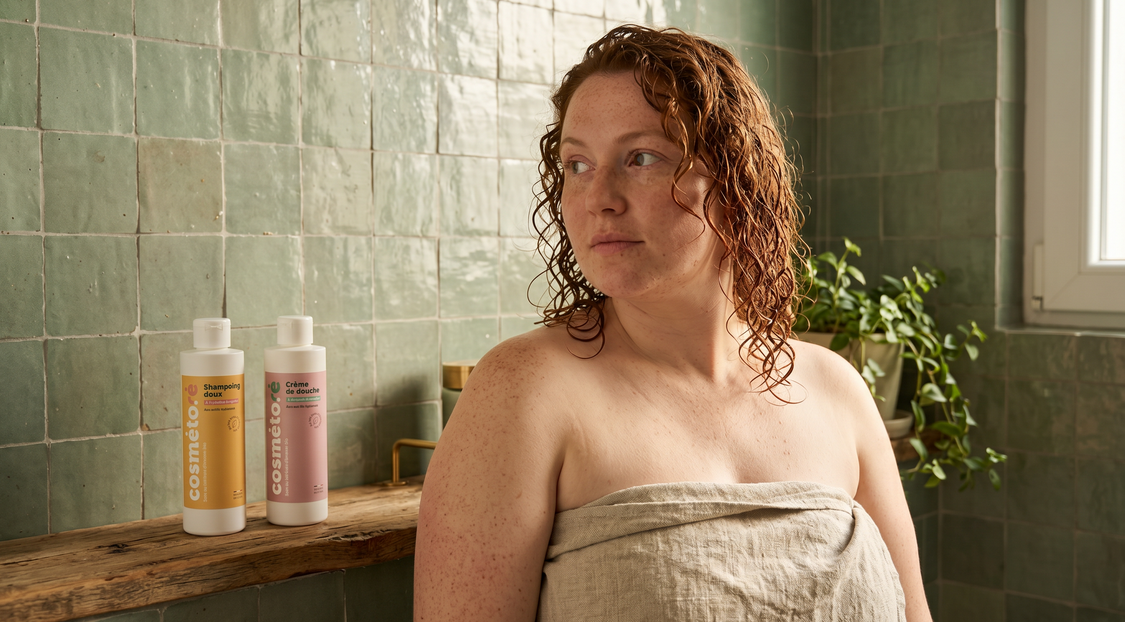 femme apres sa douche avec le duo shampoing et creme de douche au lait d anesse