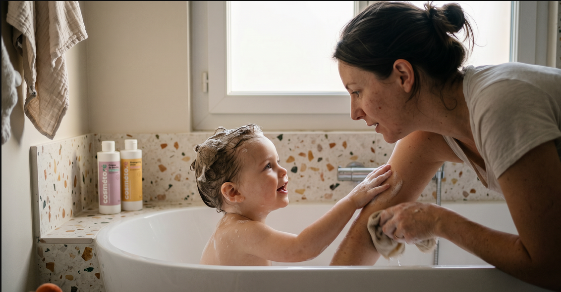 parent lavant cheveux et corps de son enfant au lait d anesse