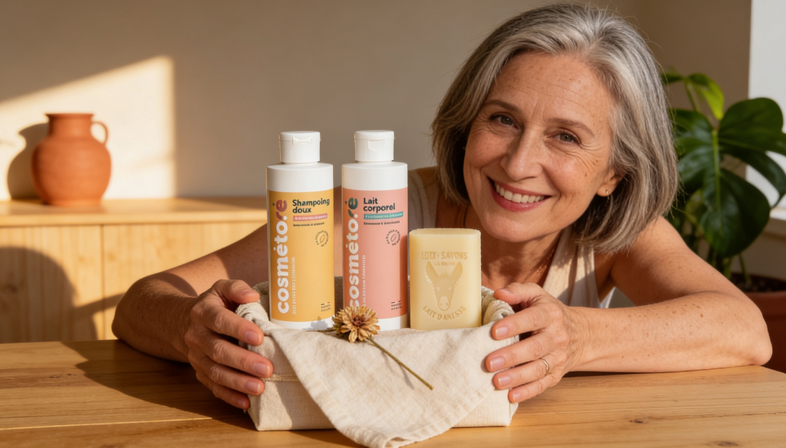 trio shampoing savon et lait corporel au lait d anesse presente comme un coffret cadeau