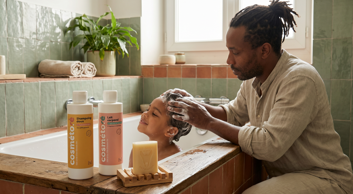 parent et enfant utilisant le pack soin complet au lait d anesse cheveux et corps