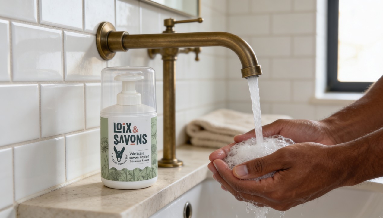 mains homme barbu veritable savon liquide lait d anesse lavabo ile de re