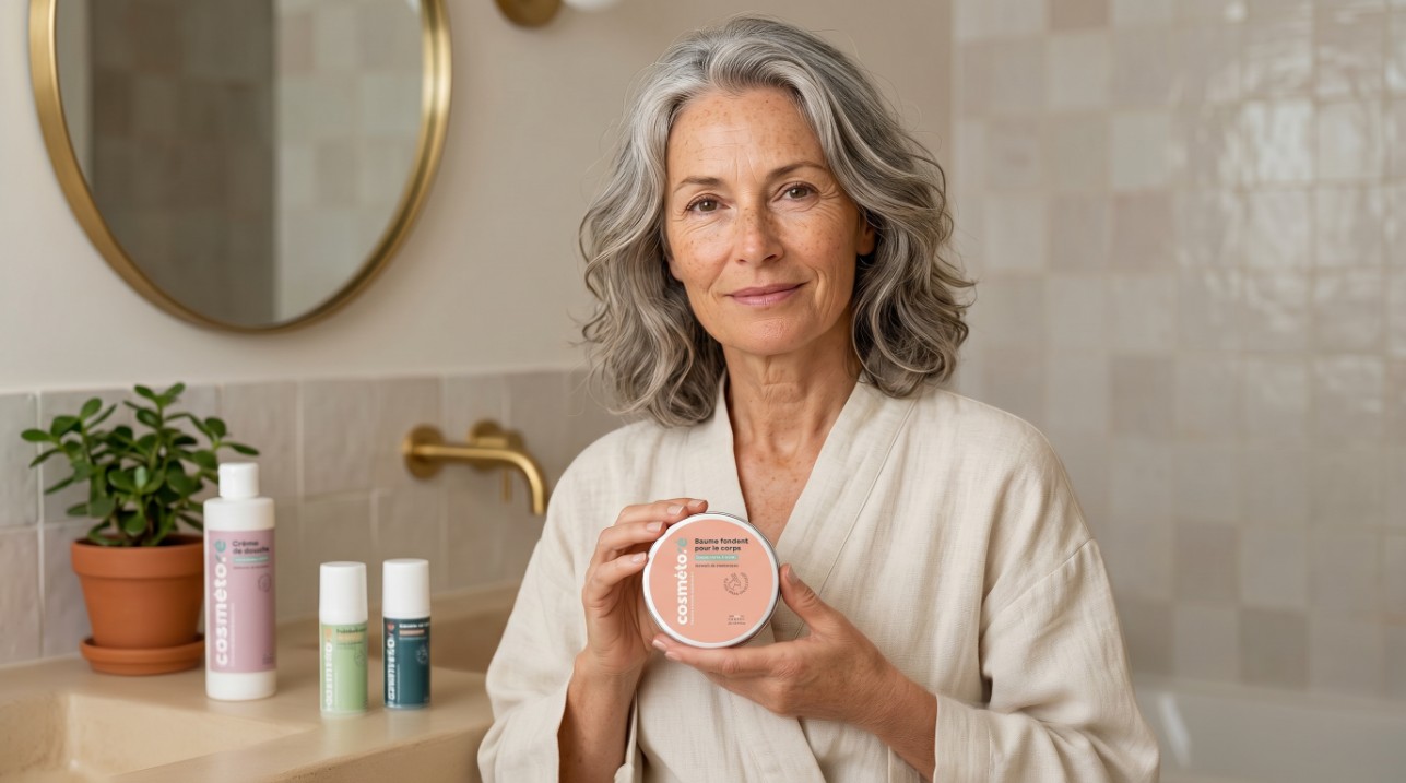 femme presentant la gamme cosmetiques au lait d anesse visage et corps