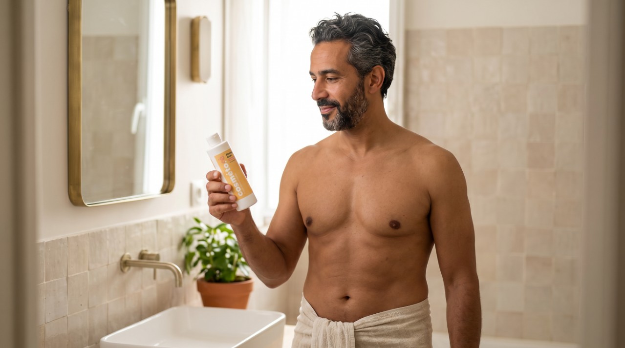 homme tenant le shampoing doux au lait d anesse