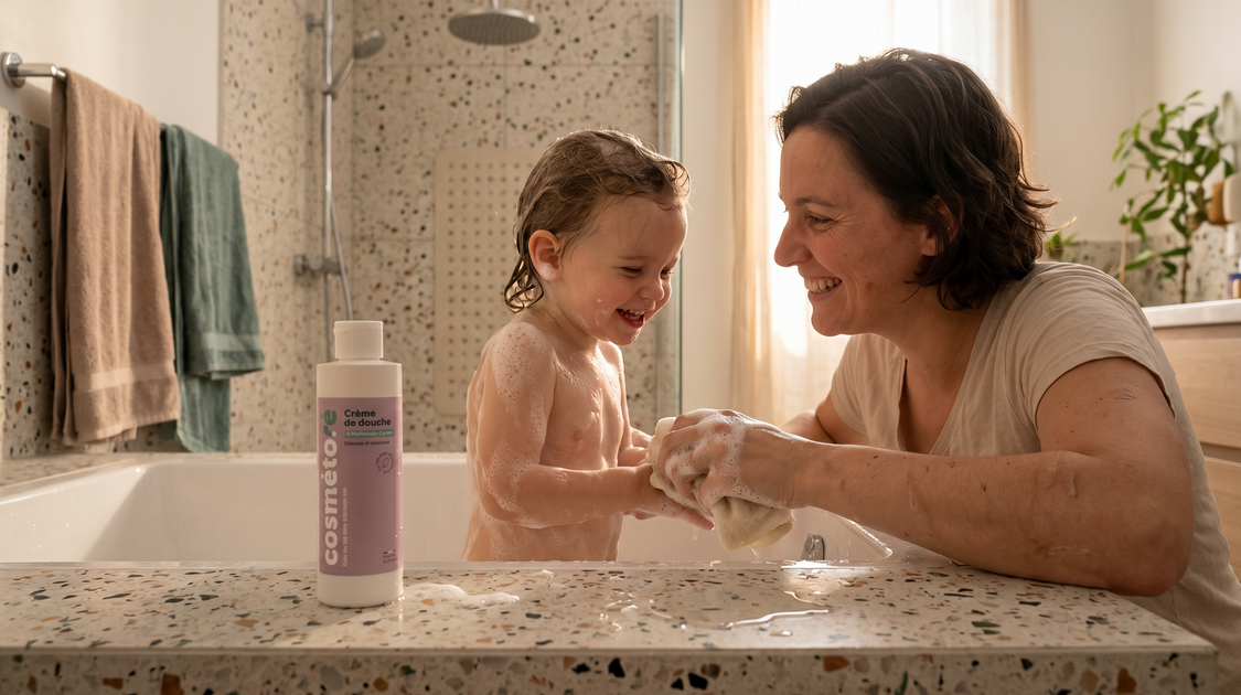 parent lavant son enfant avec la creme de douche au lait d anesse