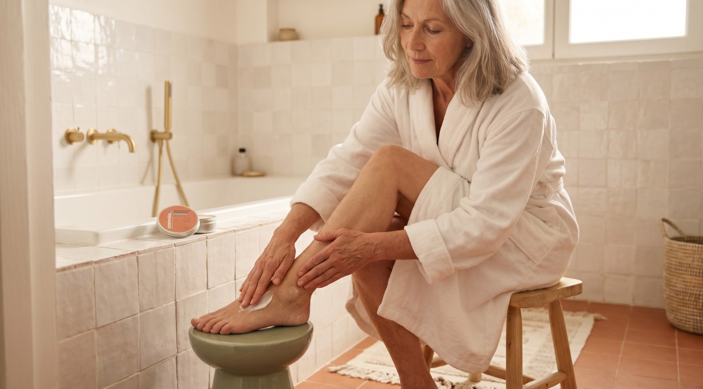 femme appliquant le baume fondant corps au lait d anesse sur les jambes
