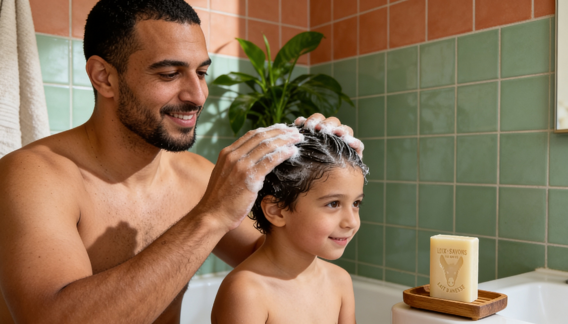 pere montrant a son enfant comment utiliser le shampoing solide et le savon au lait d anesse