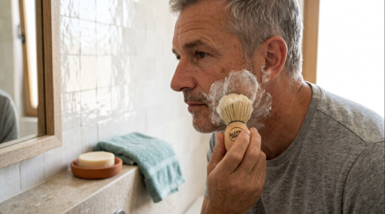 homme applique mousse de rasage avec blaireau poils de sanglier dans salle de bain zellige