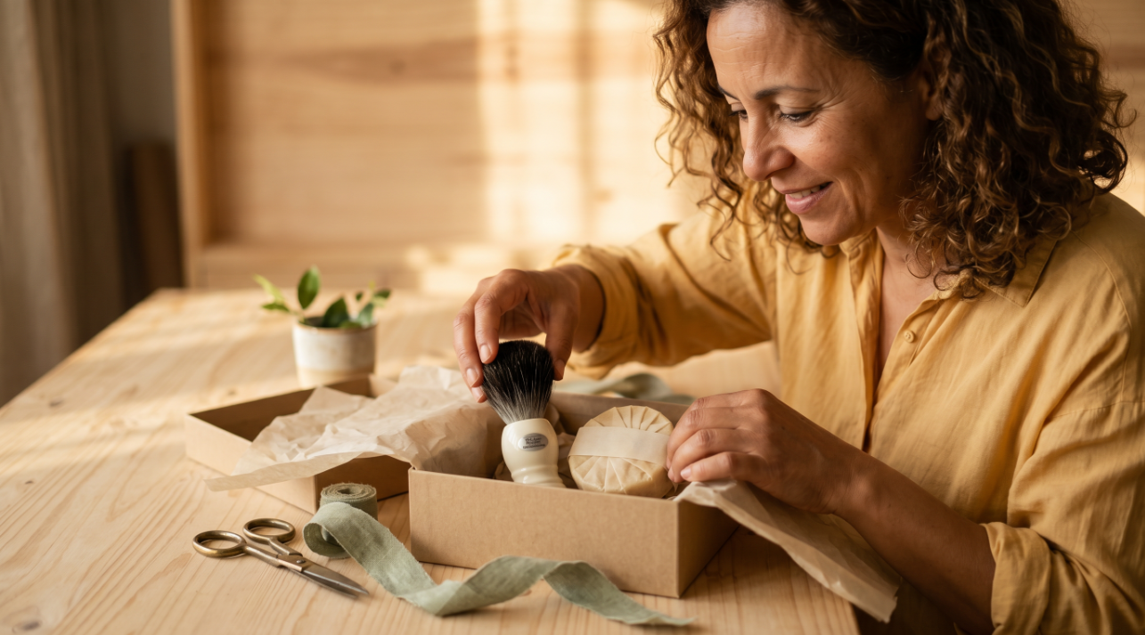 femme prepare un coffret cadeau avec blaireau veritable et savon a barbe artisanal