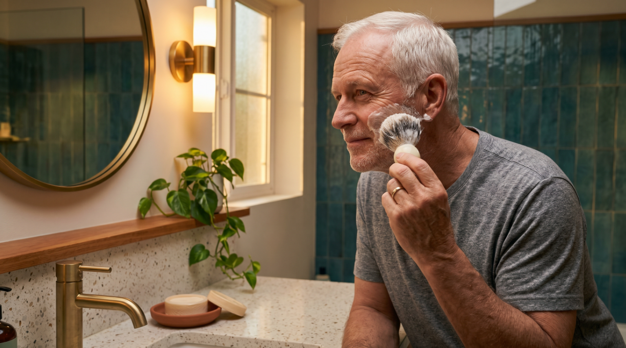 homme senior monte la mousse au blaireau veritable dans salle de bain moderne le soir