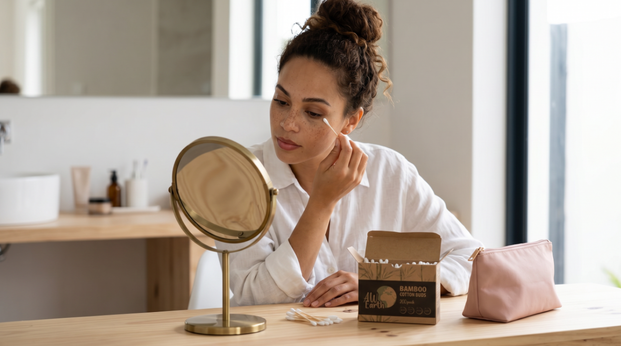 femme corrige son maquillage avec un coton tige bambou devant un miroir