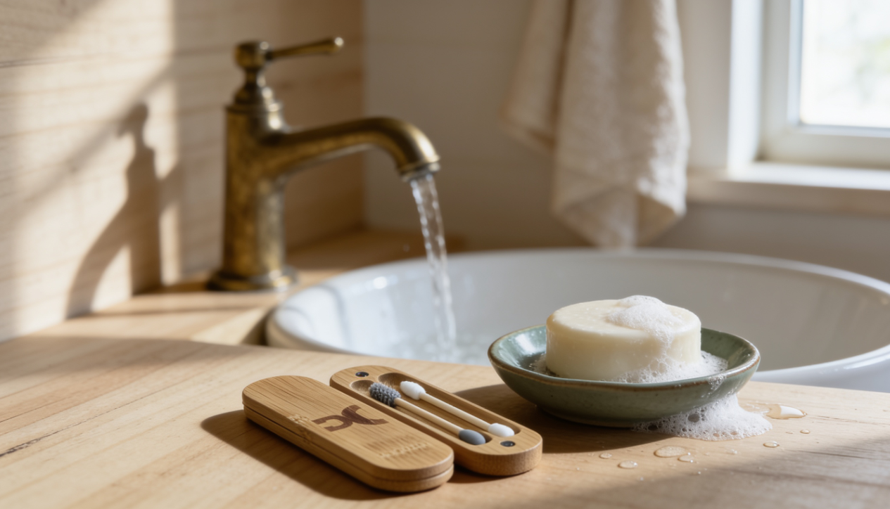 coton tiges reutilisables silicone et bambou dans leur etui pres du savon et de l eau
