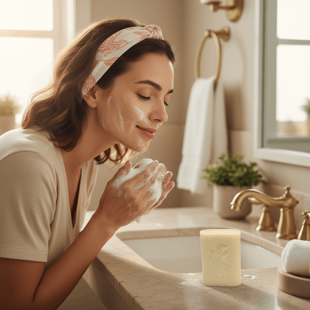 Femme se lavant le visage avec du savon au lait de chèvre