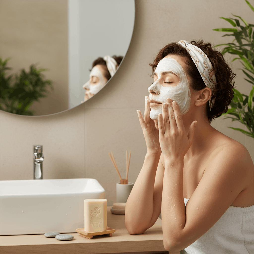 Femme appliquant un masque au savon au lait de chèvre sur son visage