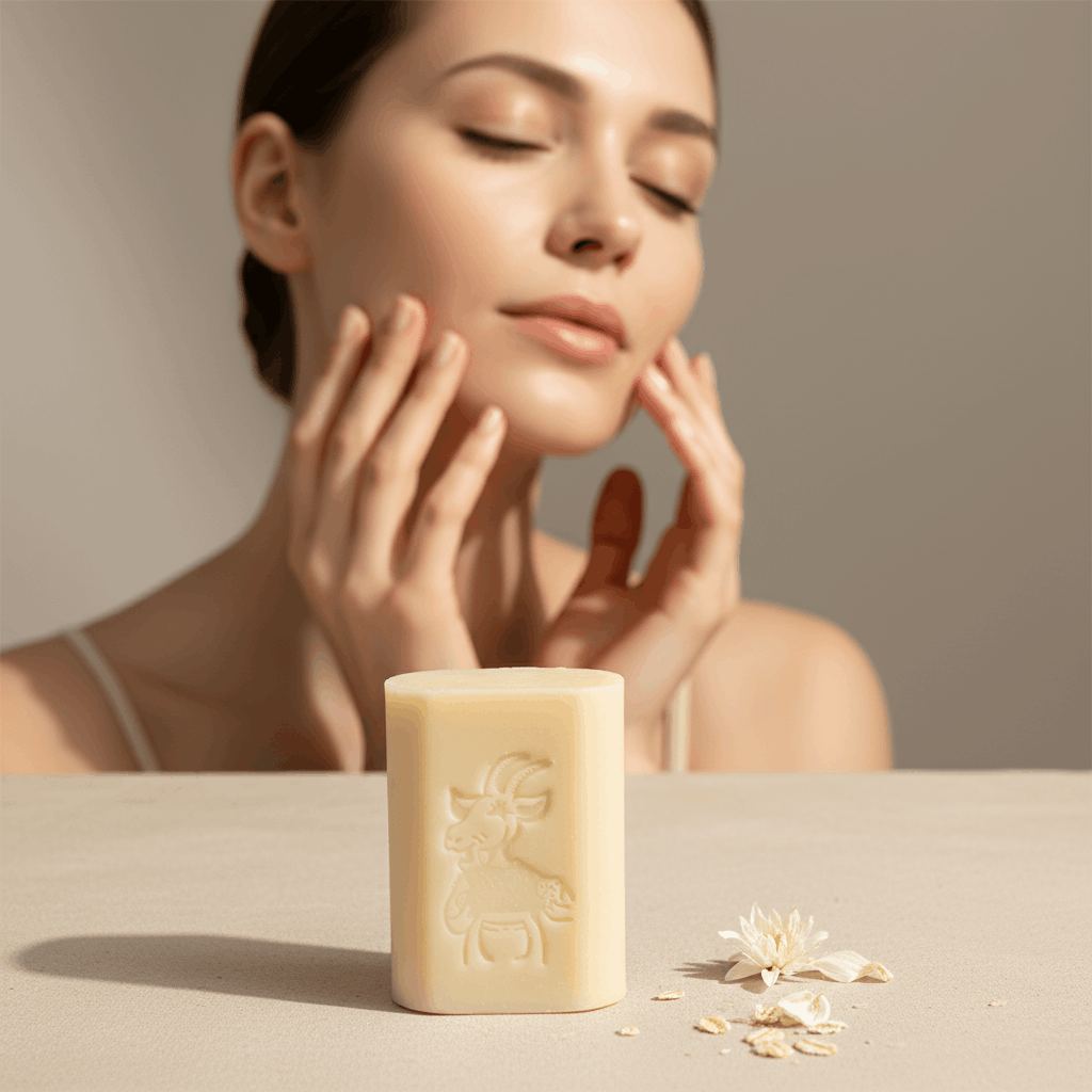 Femme touchant sa peau douce et lumineuse après soin au savon naturel