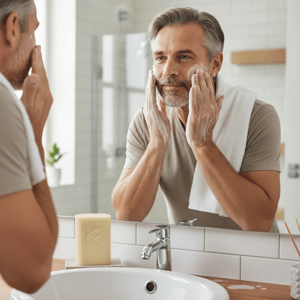Homme utilisant le savon au lait de chèvre pour se laver le visage