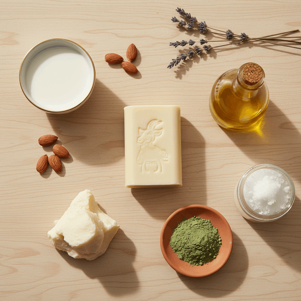 Ingrédients naturels pour savon au lait de chèvre : lait frais, amandes douces, beurre de karité, argile verte, huile d'olive et huile de coco