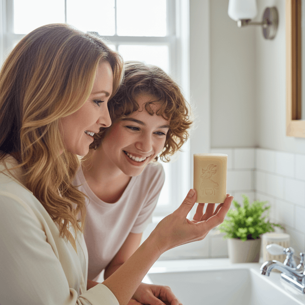 Mère et fille adolescente découvrant le savon au lait de chèvre ensemble