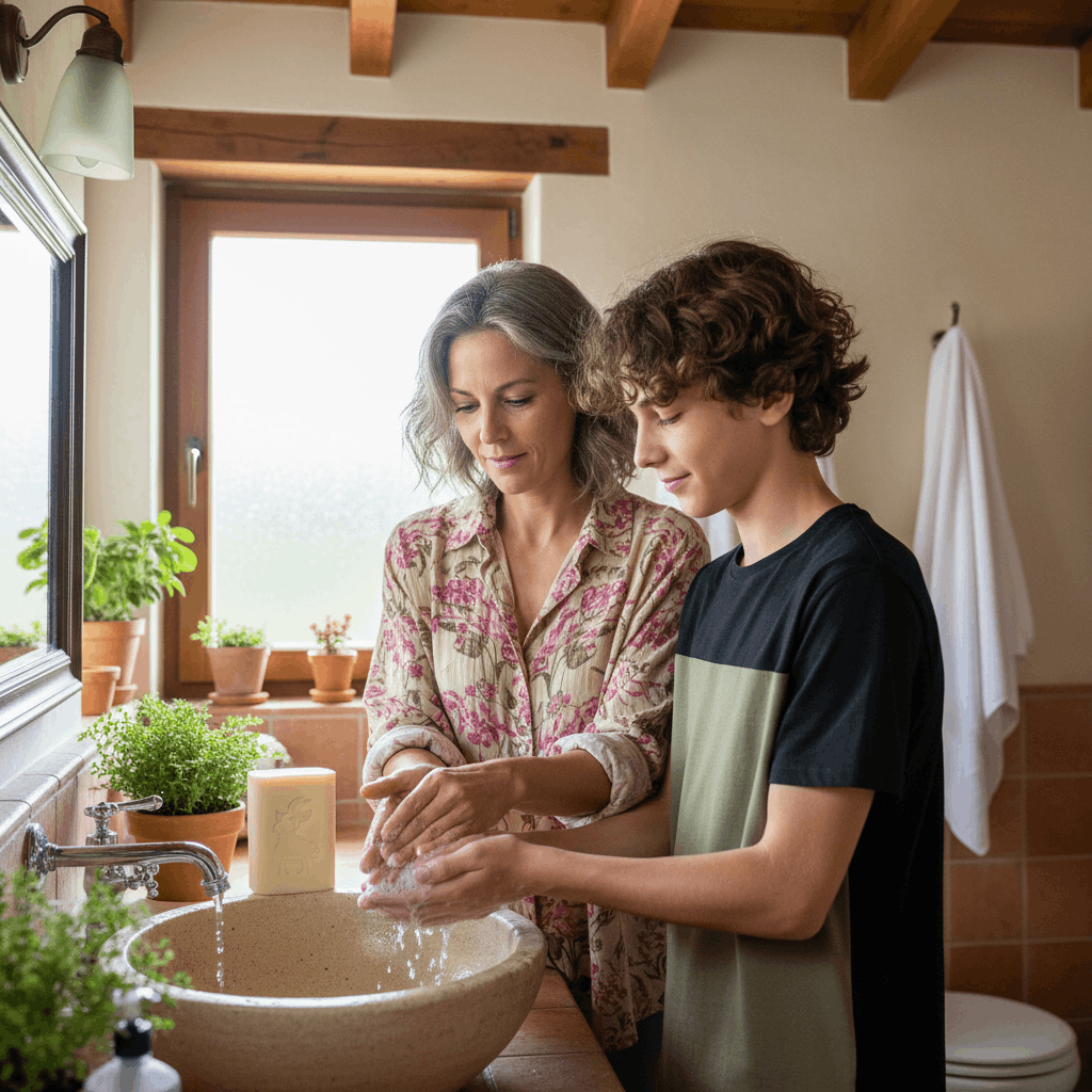 Mère montrant à son fils adolescent comment utiliser le savon au lait de chèvre