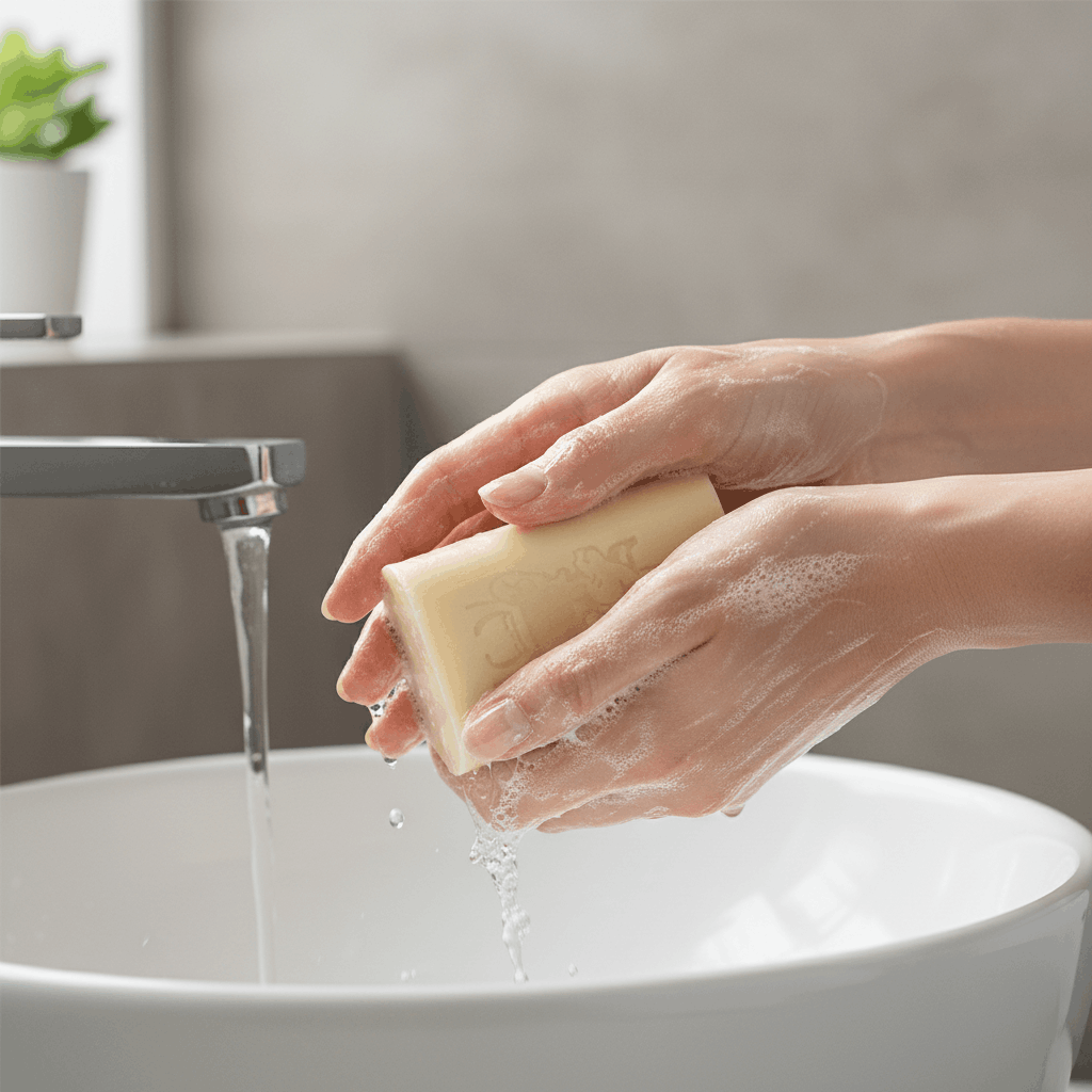 Mains faisant mousser un savon artisanal au lait de chèvre