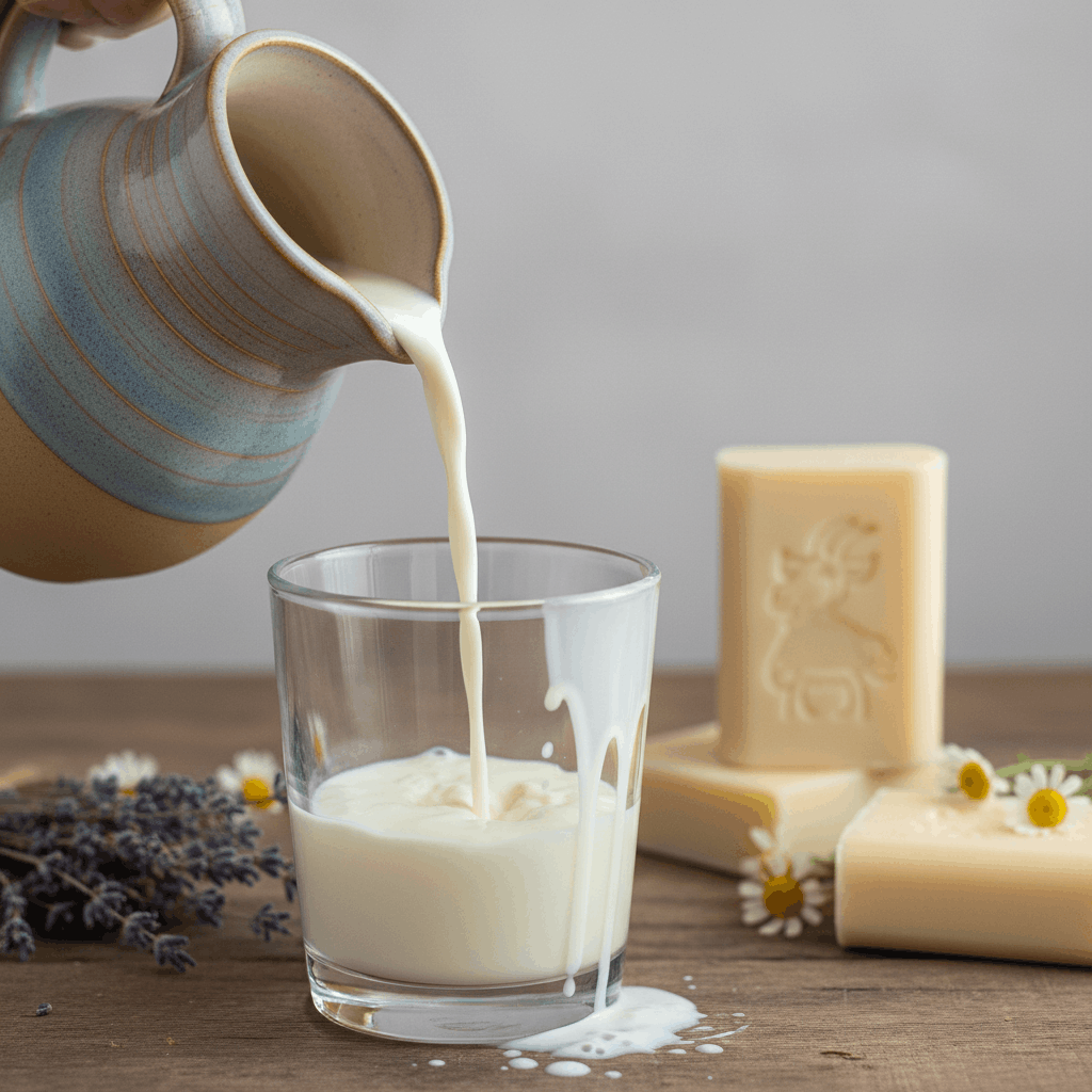 Lait de chèvre frais versé, ingrédient principal du savon artisanal