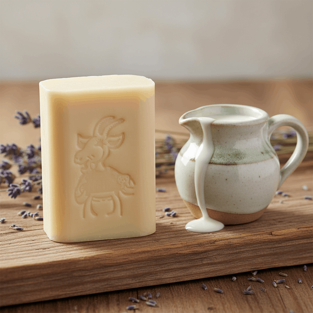 Savon artisanal au lait de chèvre frais posé sur bois avec pichet de lait