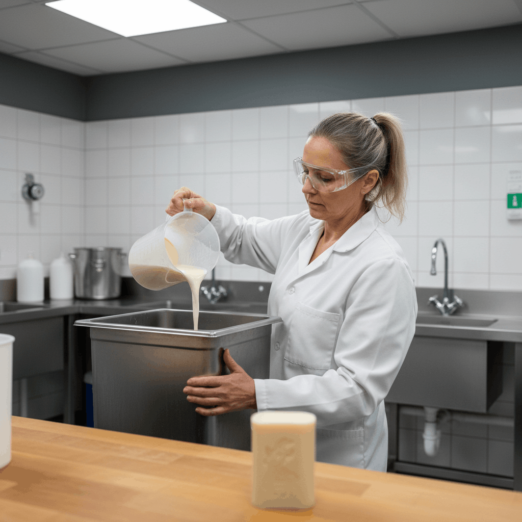 Savonnière versant la pâte à savon au lait de chèvre dans un atelier moderne
