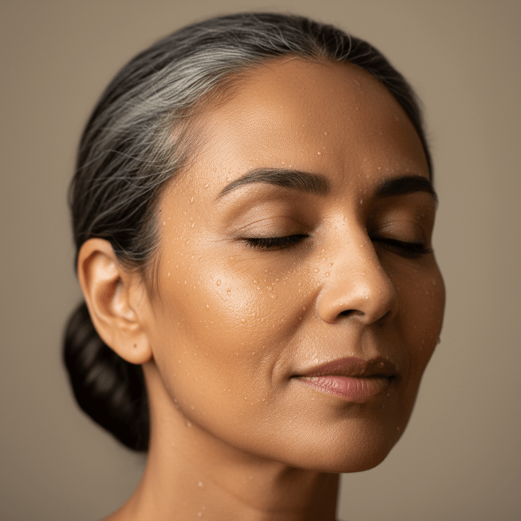 Gros plan sur une peau mature lumineuse et hydratée après utilisation du savon au lait de chèvre