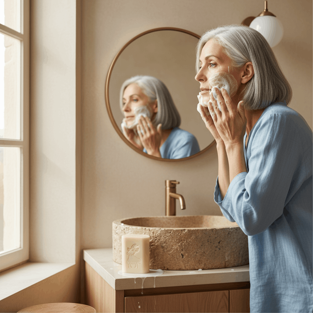 Femme de 50 ans massant son visage avec la mousse du savon au lait de chèvre pour un soin anti-âge naturel
