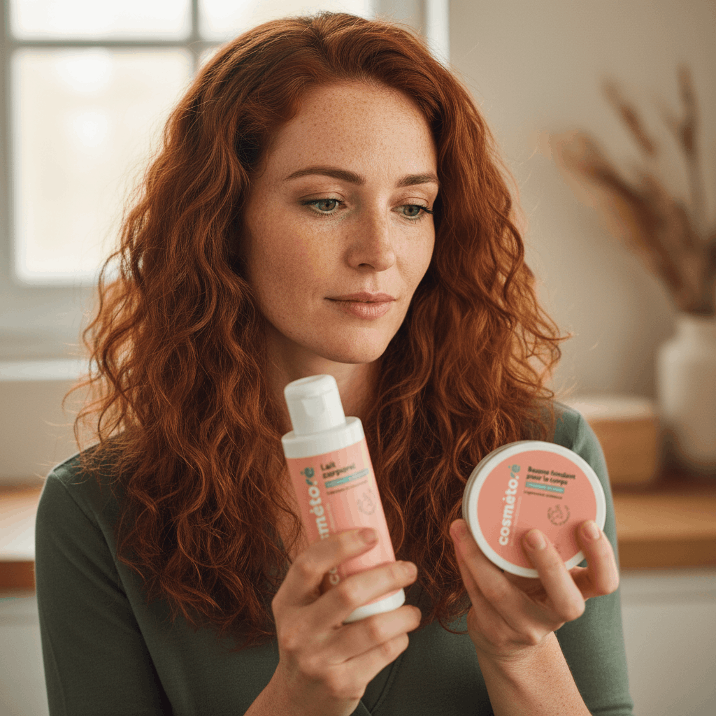 Femme comparant le lait corporel et le baume fondant au lait d'ânesse