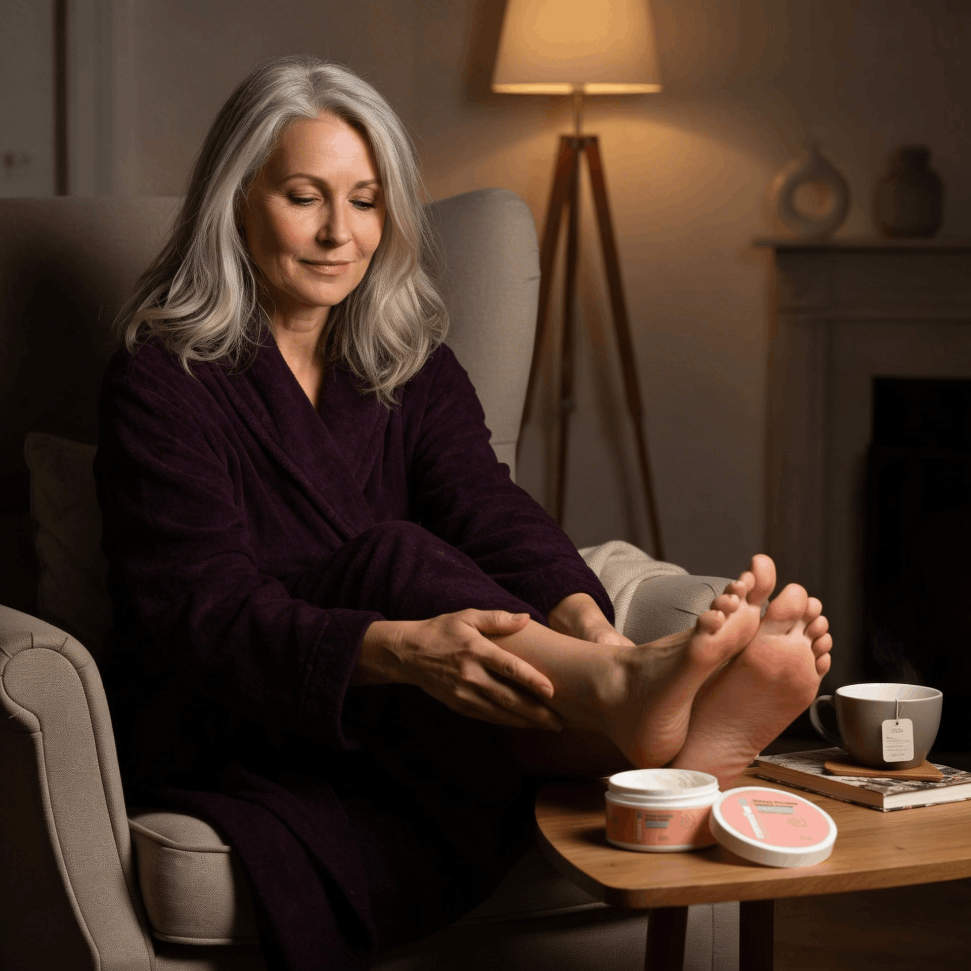 Femme mature appliquant le baume fondant sur ses pieds secs