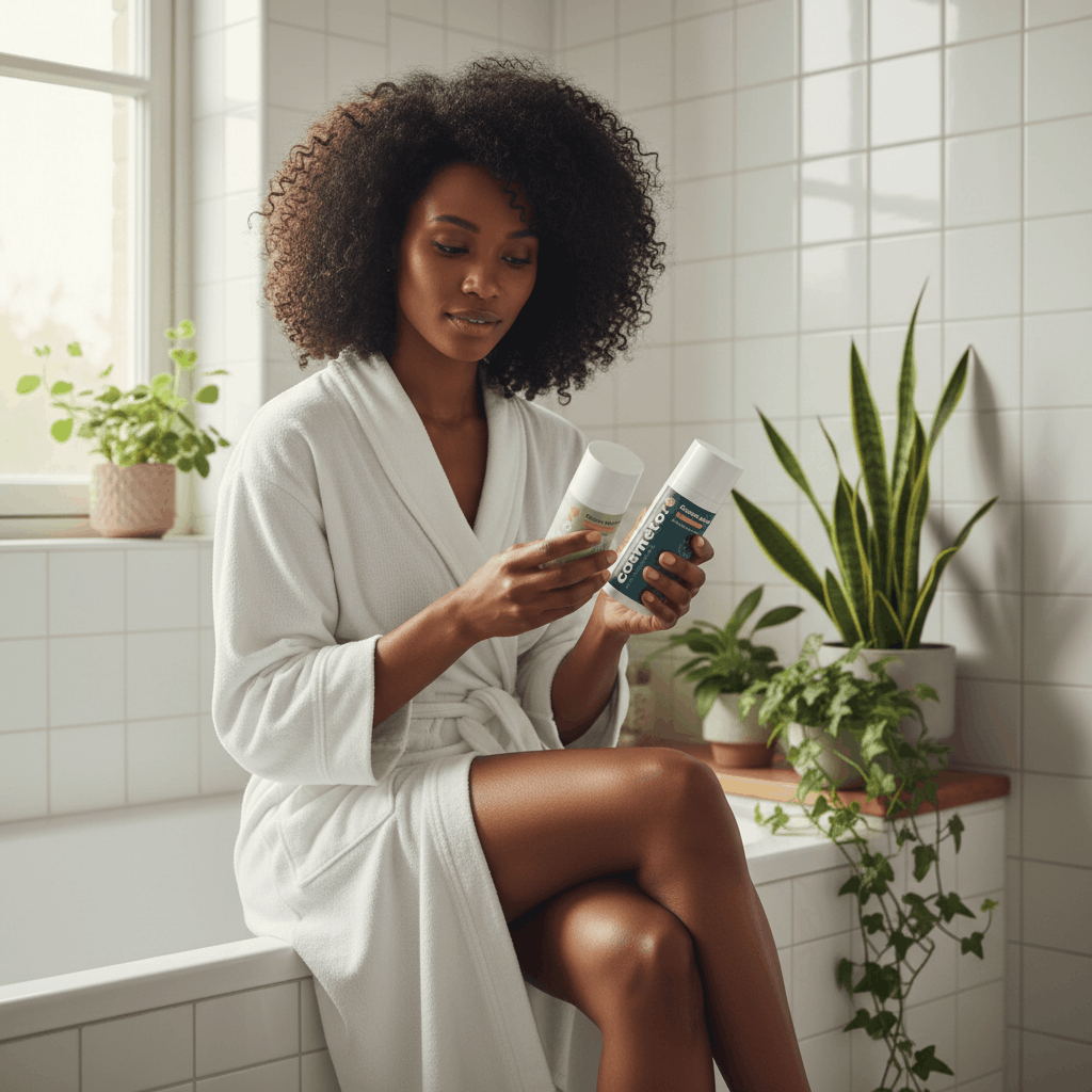 Femme comparant la crème de jour et le baume de nuit au lait d'ânesse