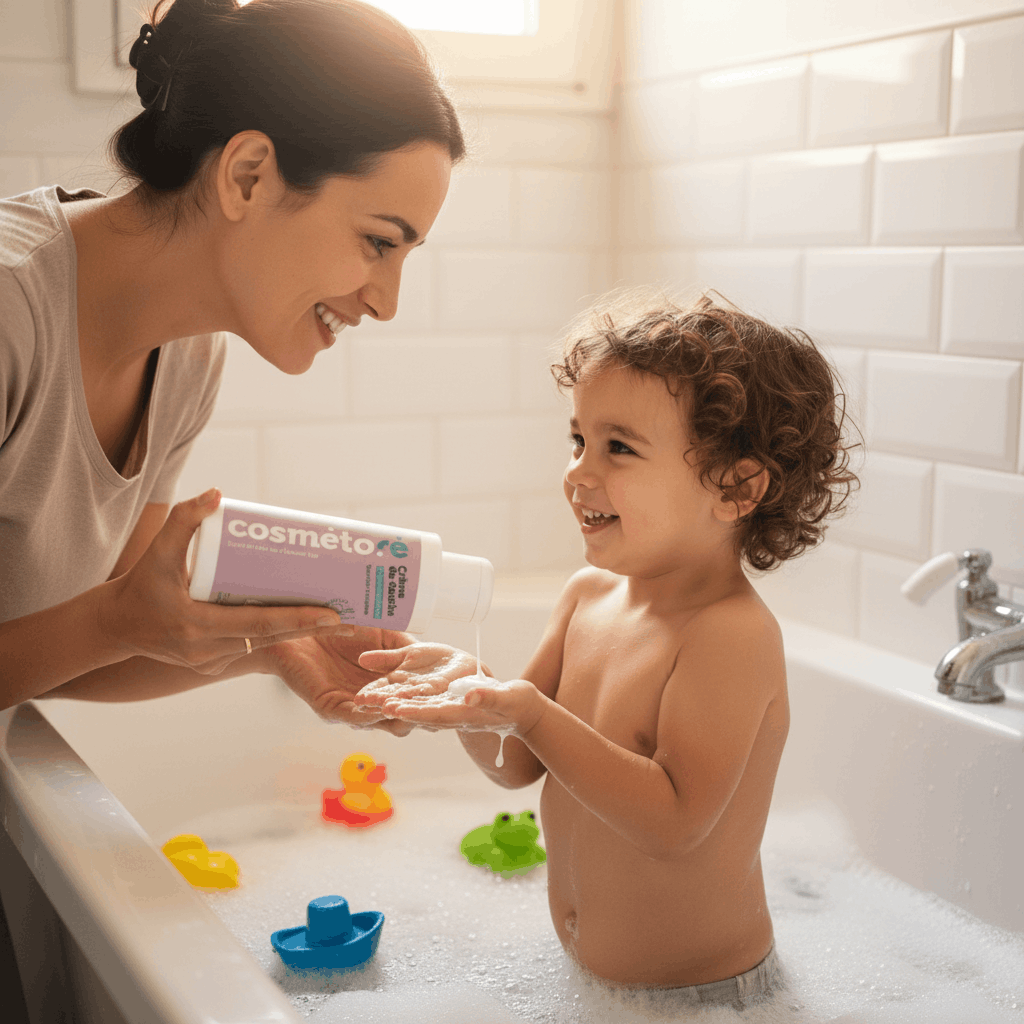 Mère et enfant utilisant la crème de douche au lait d'ânesse