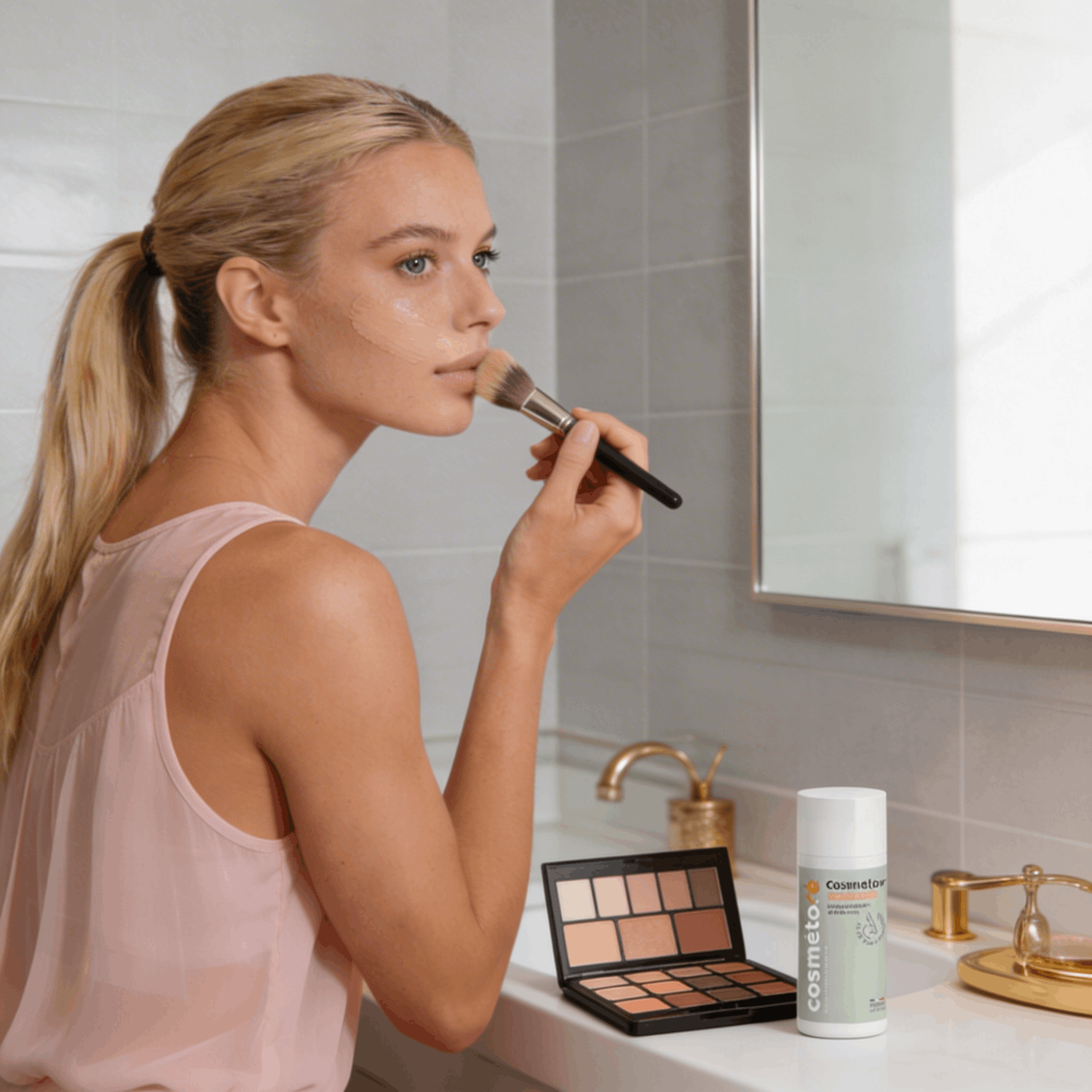 Jeune femme se maquillant après sa crème de jour