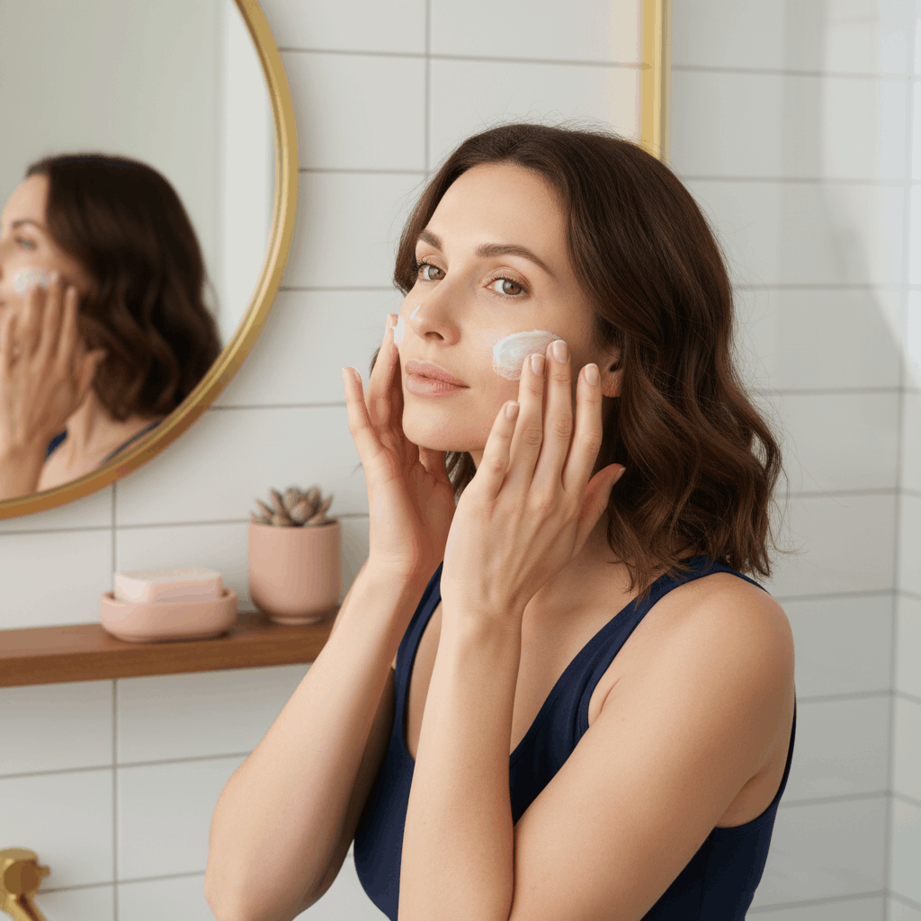 Jeune femme massant sa crème de jour sur son visage