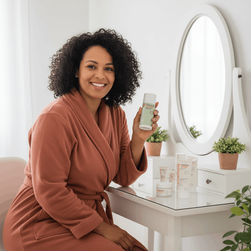 Femme préparant sa routine beauté avec crème au lait d'ânesse