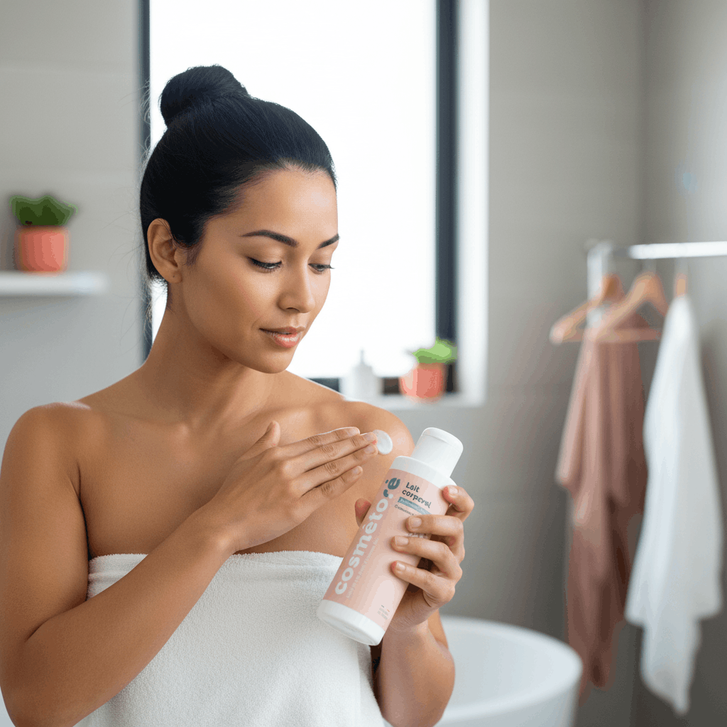 Jeune femme appliquant son lait corporel avant de s'habiller