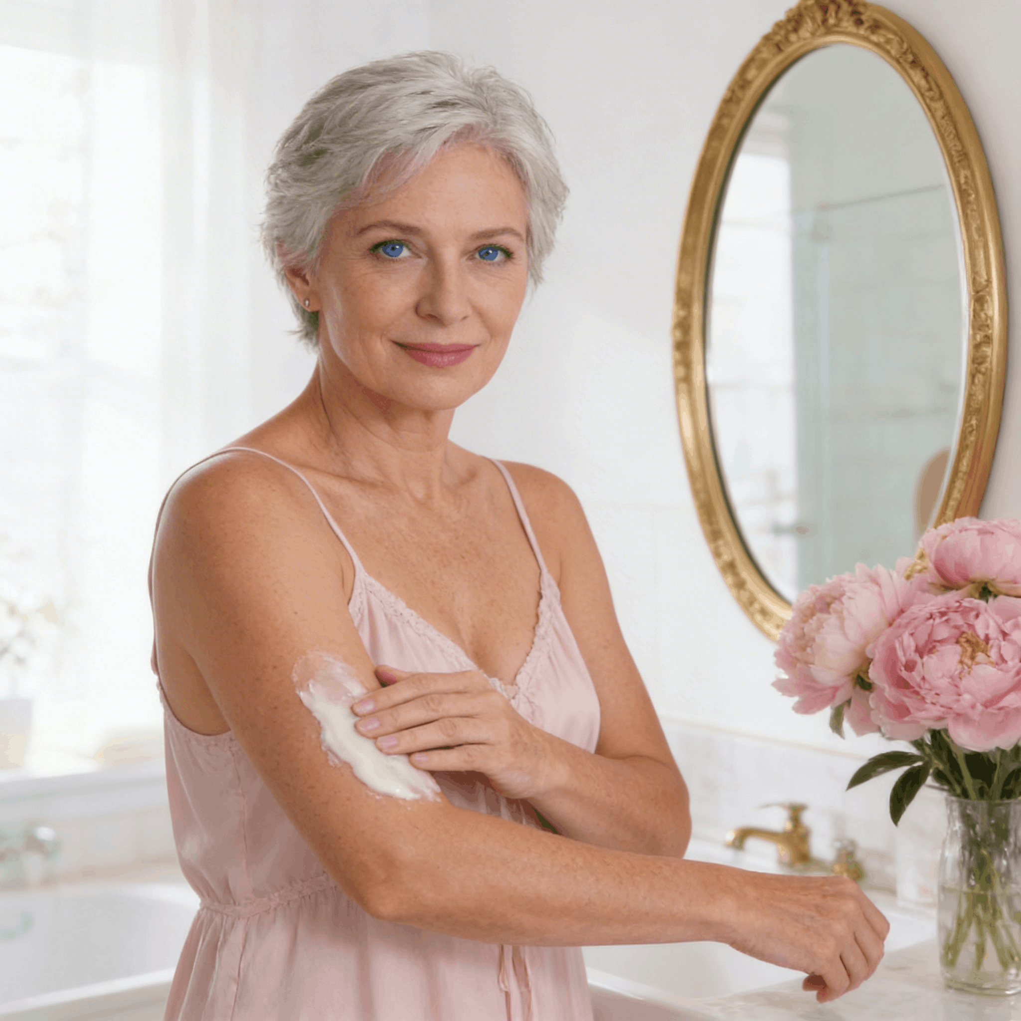 Femme mature appliquant le lait corporel sur ses bras