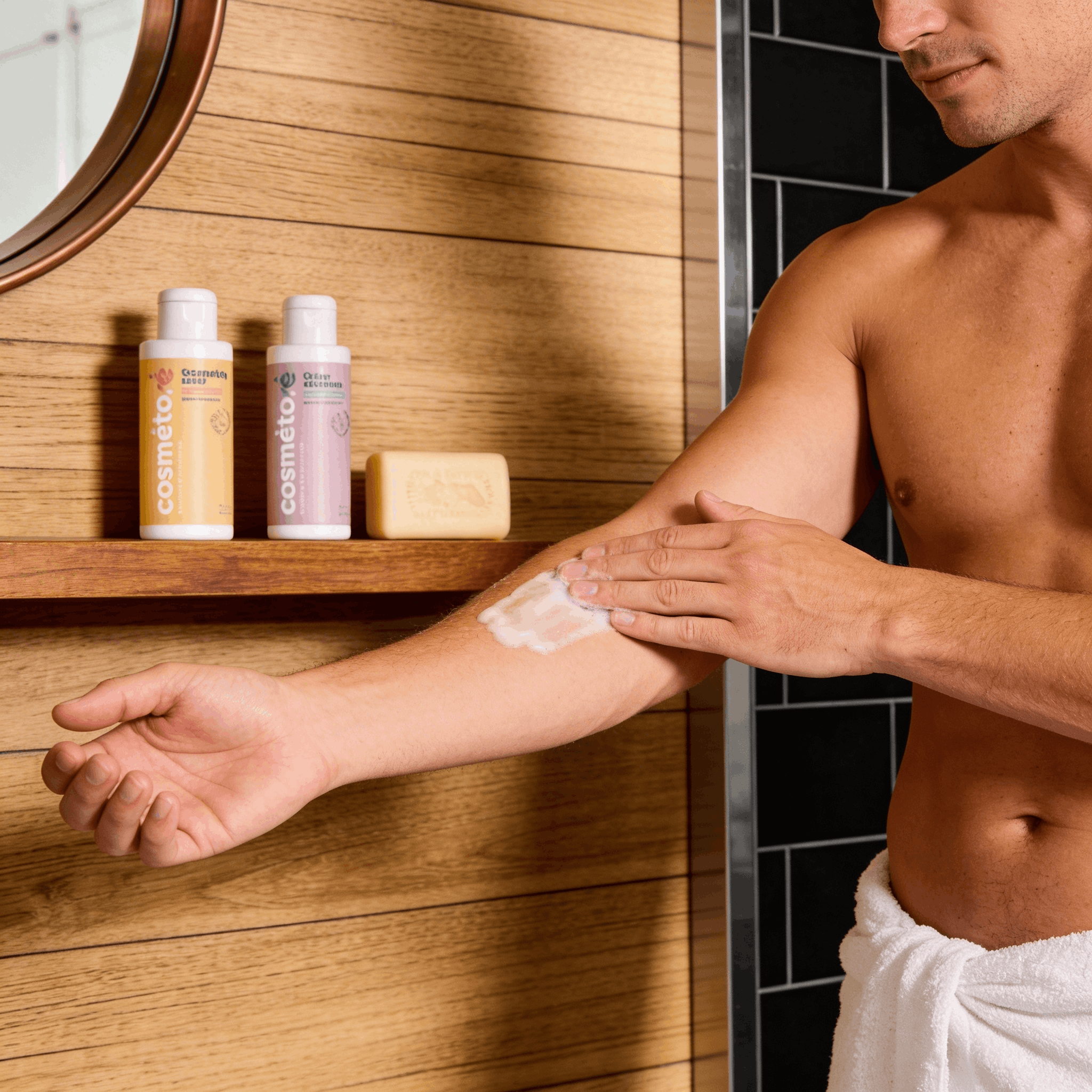 Homme appliquant le lait corporel au lait d'ânesse après la douche