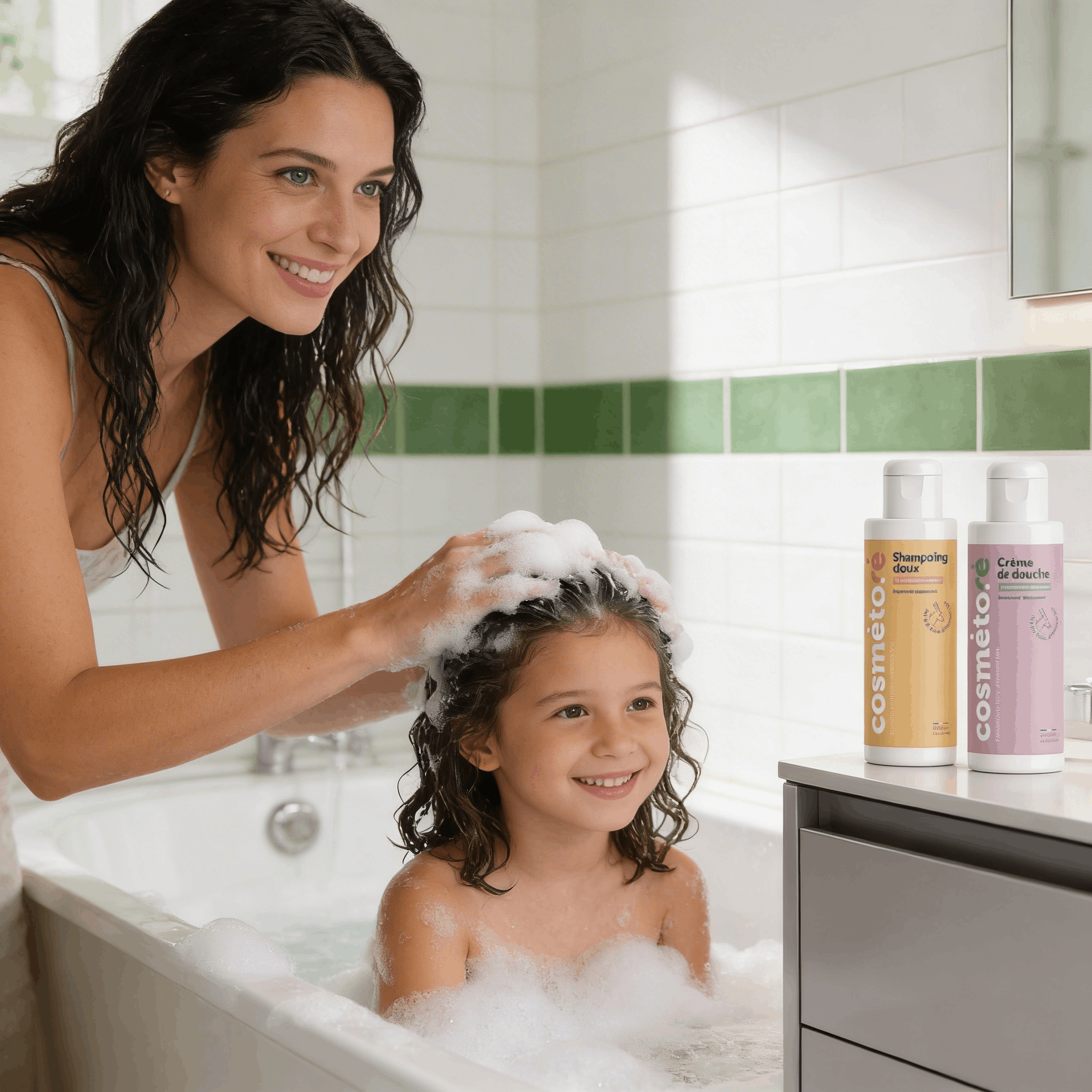 Mère et fille utilisant le pack crème douche et shampoing au lait d'ânesse
